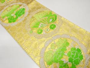 アンティーク　絵皿に蝶・牡丹・菊模様織り出し袋帯（材料）